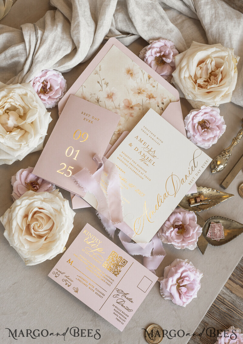 Whimsical Blush Gold Wedding Invitation with chiffon bow, Garden Elegant Floral Wedding Invitation-2