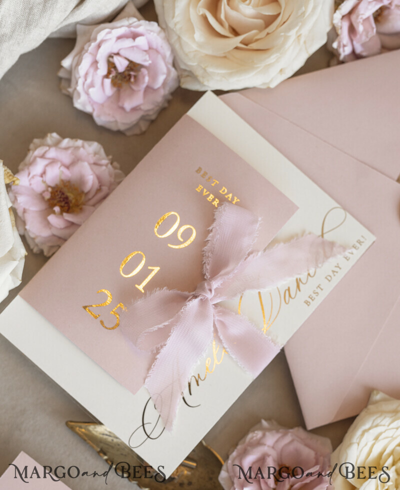 Whimsical Blush Gold Wedding Invitation with chiffon bow, Garden Elegant Floral Wedding Invitation-20