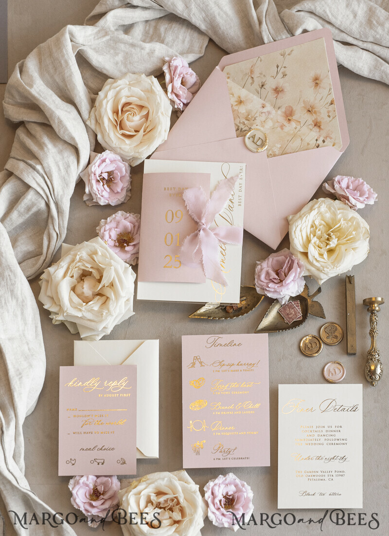 Whimsical Blush Gold Wedding Invitation with chiffon bow, Garden Elegant Floral Wedding Invitation-21