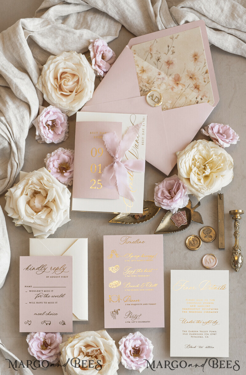 Whimsical Blush Gold Wedding Invitation with chiffon bow, Garden Elegant Floral Wedding Invitation-22