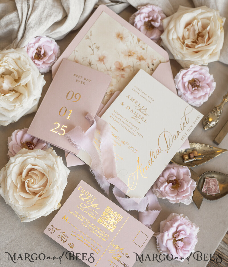 Whimsical Blush Gold Wedding Invitation with chiffon bow, Garden Elegant Floral Wedding Invitation-3