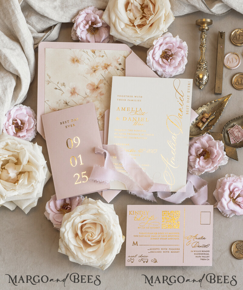 Whimsical Blush Gold Wedding Invitation with chiffon bow, Garden Elegant Floral Wedding Invitation-4