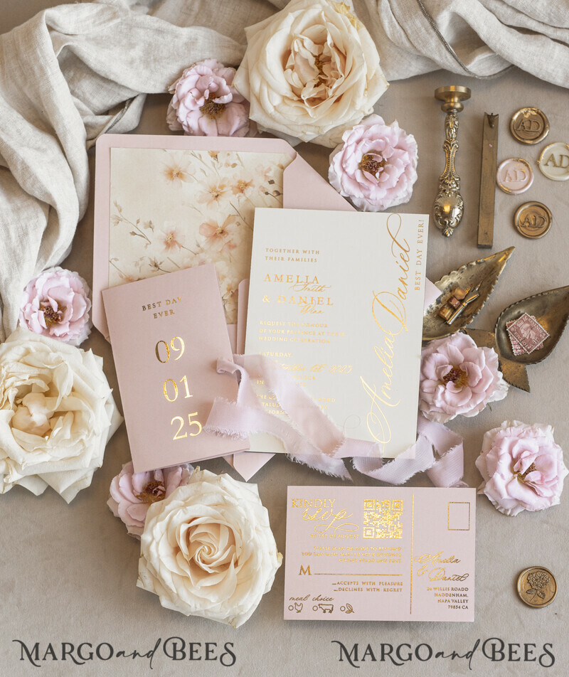 Whimsical Blush Gold Wedding Invitation with chiffon bow, Garden Elegant Floral Wedding Invitation-5