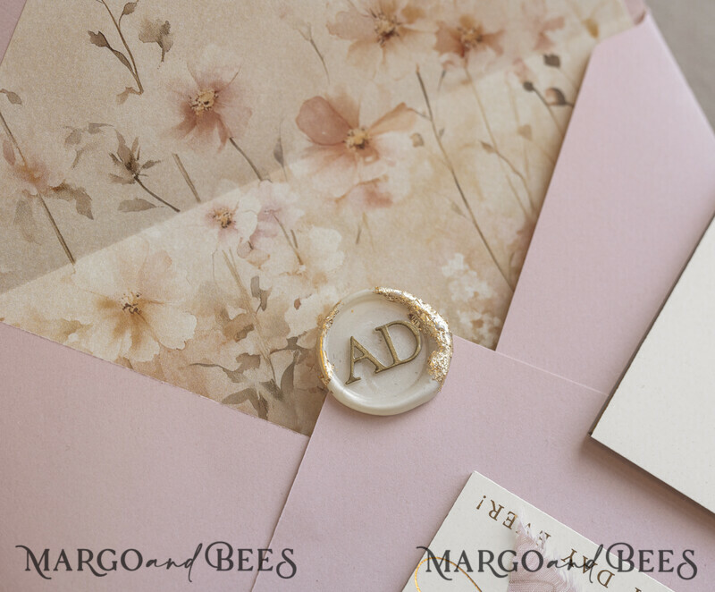 Whimsical Blush Gold Wedding Invitation with chiffon bow, Garden Elegant Floral Wedding Invitation-6