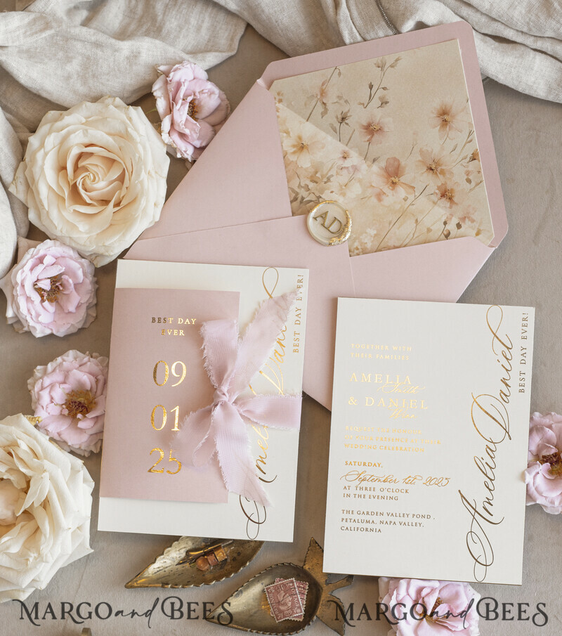 Whimsical Blush Gold Wedding Invitation with chiffon bow, Garden Elegant Floral Wedding Invitation-8