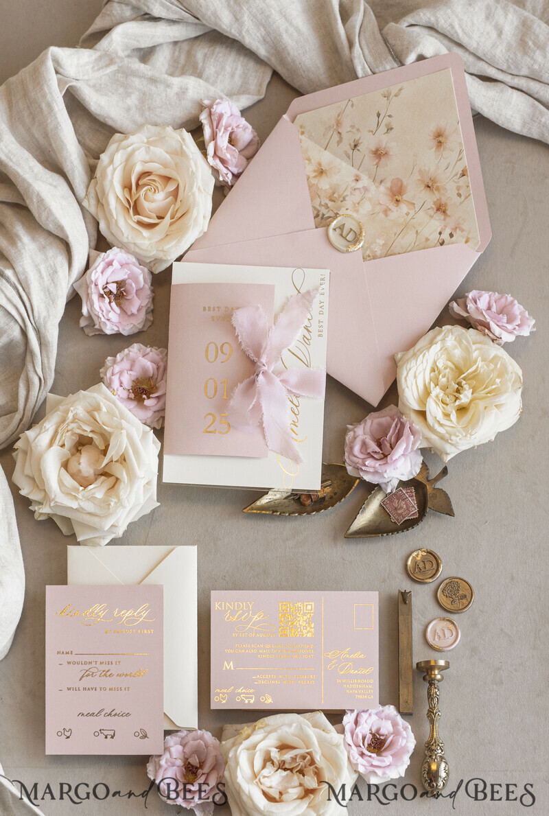 Whimsical Blush Gold Wedding Invitation with chiffon bow, Garden Elegant Floral Wedding Invitation-0