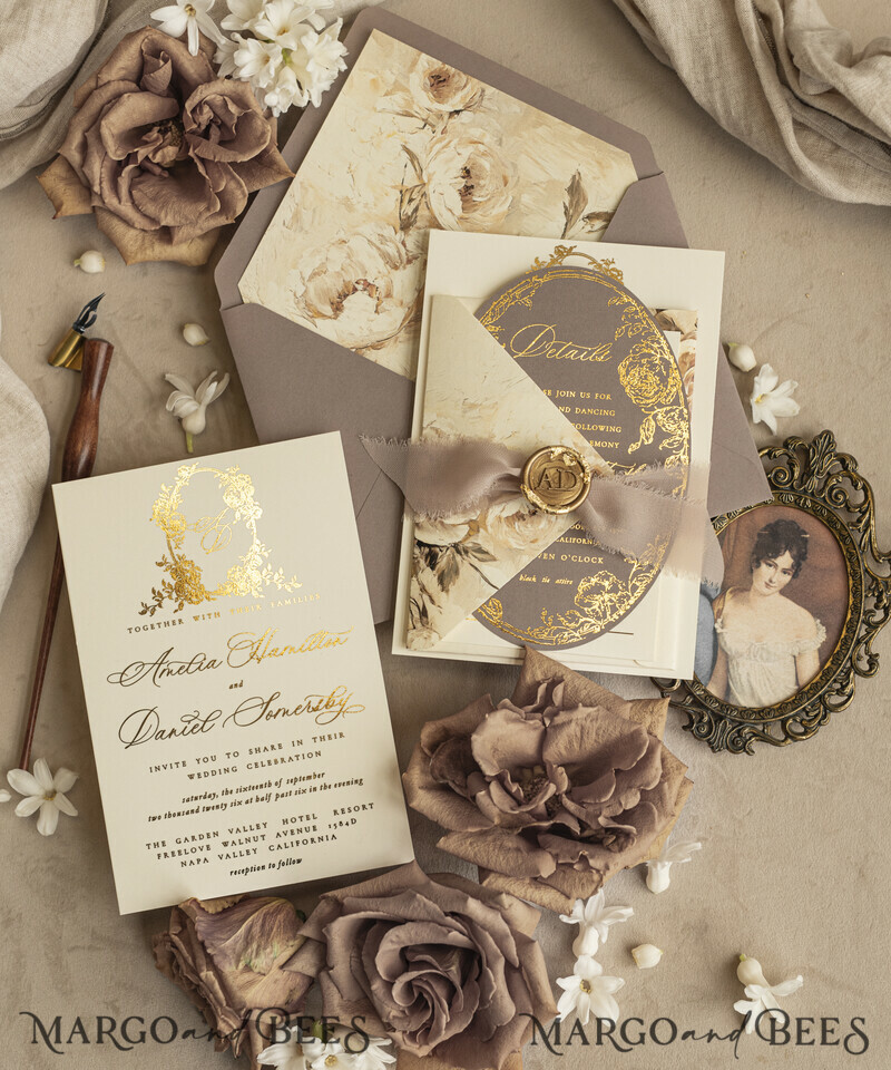 Vintage Baroque Wedding Invitation suite Beige Golden Fine art Roses Wedding Invitations with rsvp Victorian wedding crest Chinoiserie Invites Royal Ornamental frame-11