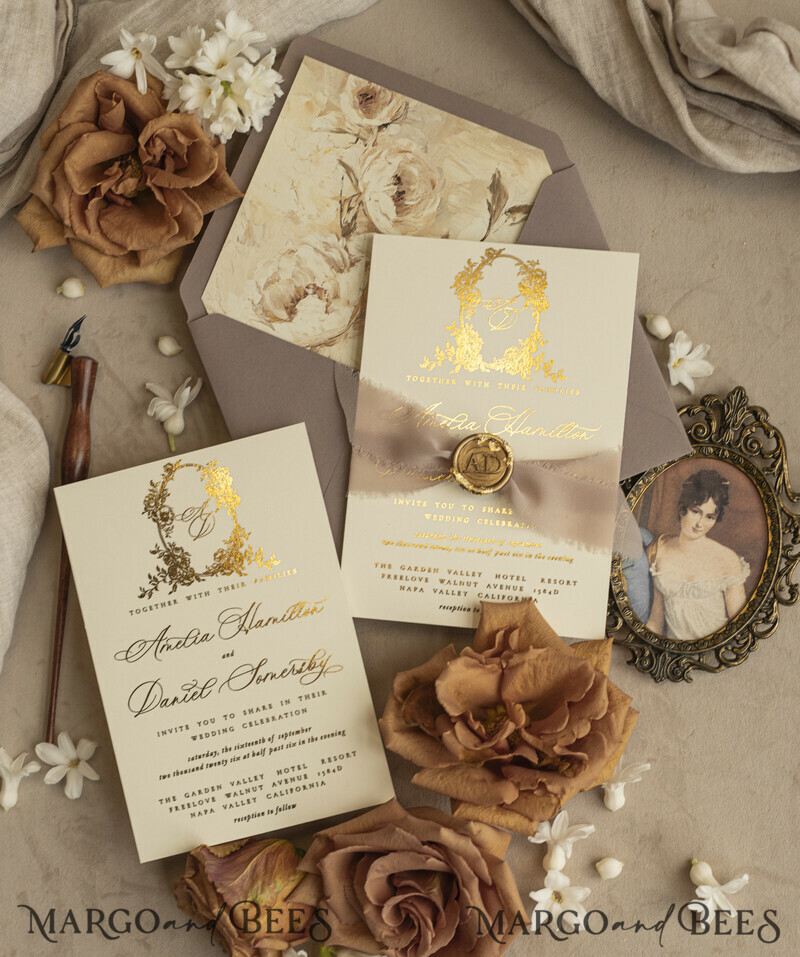 Vintage Baroque Wedding Invitation suite Beige Golden Fine art Roses Wedding Invitations with rsvp Victorian wedding crest Chinoiserie Invites Royal Ornamental frame-12