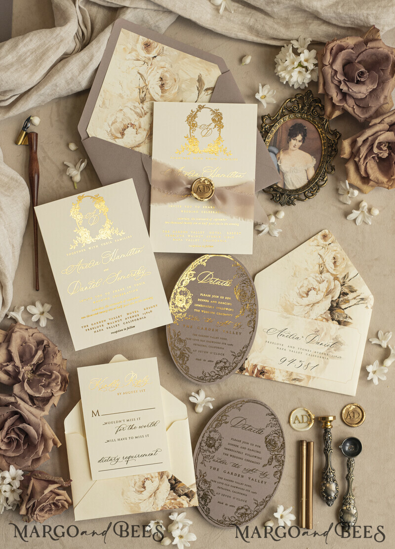 Vintage Baroque Wedding Invitation suite Beige Golden Fine art Roses Wedding Invitations with rsvp Victorian wedding crest Chinoiserie Invites Royal Ornamental frame-0