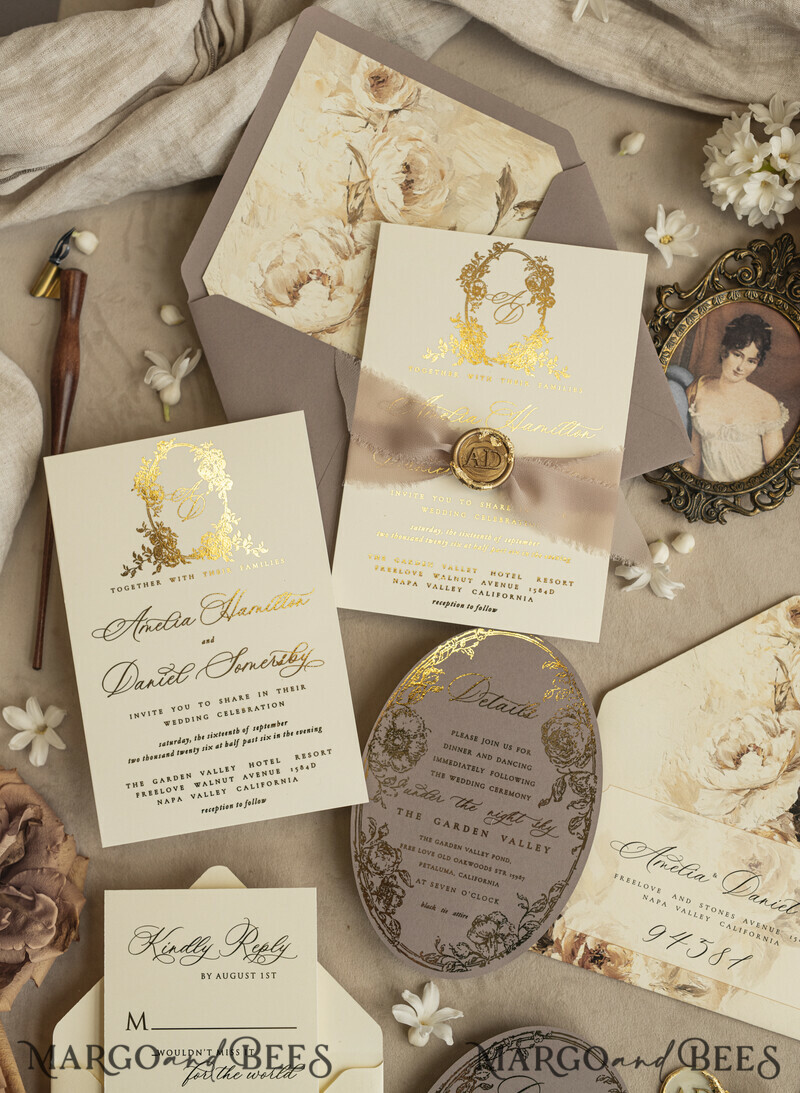 Vintage Baroque Wedding Invitation suite Beige Golden Fine art Roses Wedding Invitations with rsvp Victorian wedding crest Chinoiserie Invites Royal Ornamental frame-15