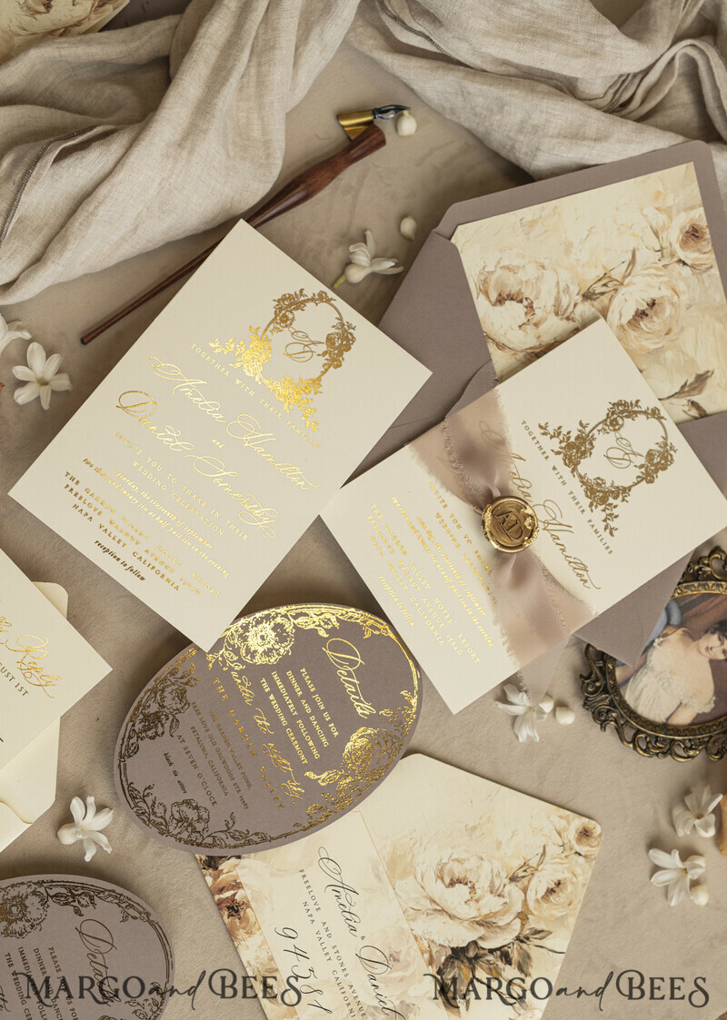 Vintage Baroque Wedding Invitation suite Beige Golden Fine art Roses Wedding Invitations with rsvp Victorian wedding crest Chinoiserie Invites Royal Ornamental frame-17