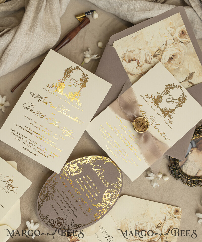 Vintage Baroque Wedding Invitation suite Beige Golden Fine art Roses Wedding Invitations with rsvp Victorian wedding crest Chinoiserie Invites Royal Ornamental frame-18