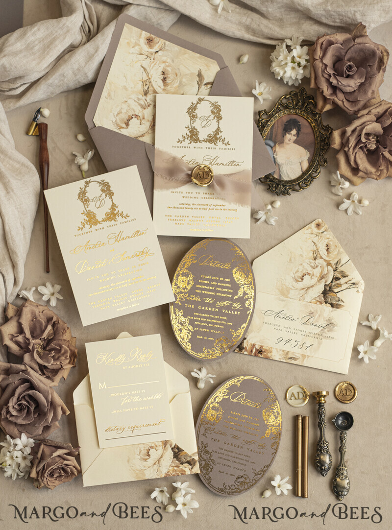 Vintage Baroque Wedding Invitation suite Beige Golden Fine art Roses Wedding Invitations with rsvp Victorian wedding crest Chinoiserie Invites Royal Ornamental frame-19