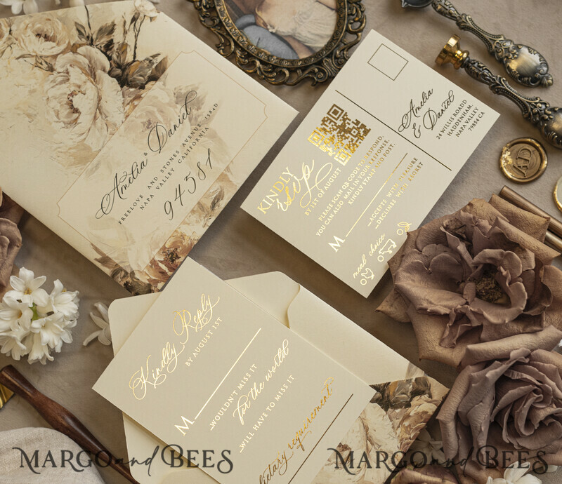 Vintage Baroque Wedding Invitation suite Beige Golden Fine art Roses Wedding Invitations with rsvp Victorian wedding crest Chinoiserie Invites Royal Ornamental frame-3