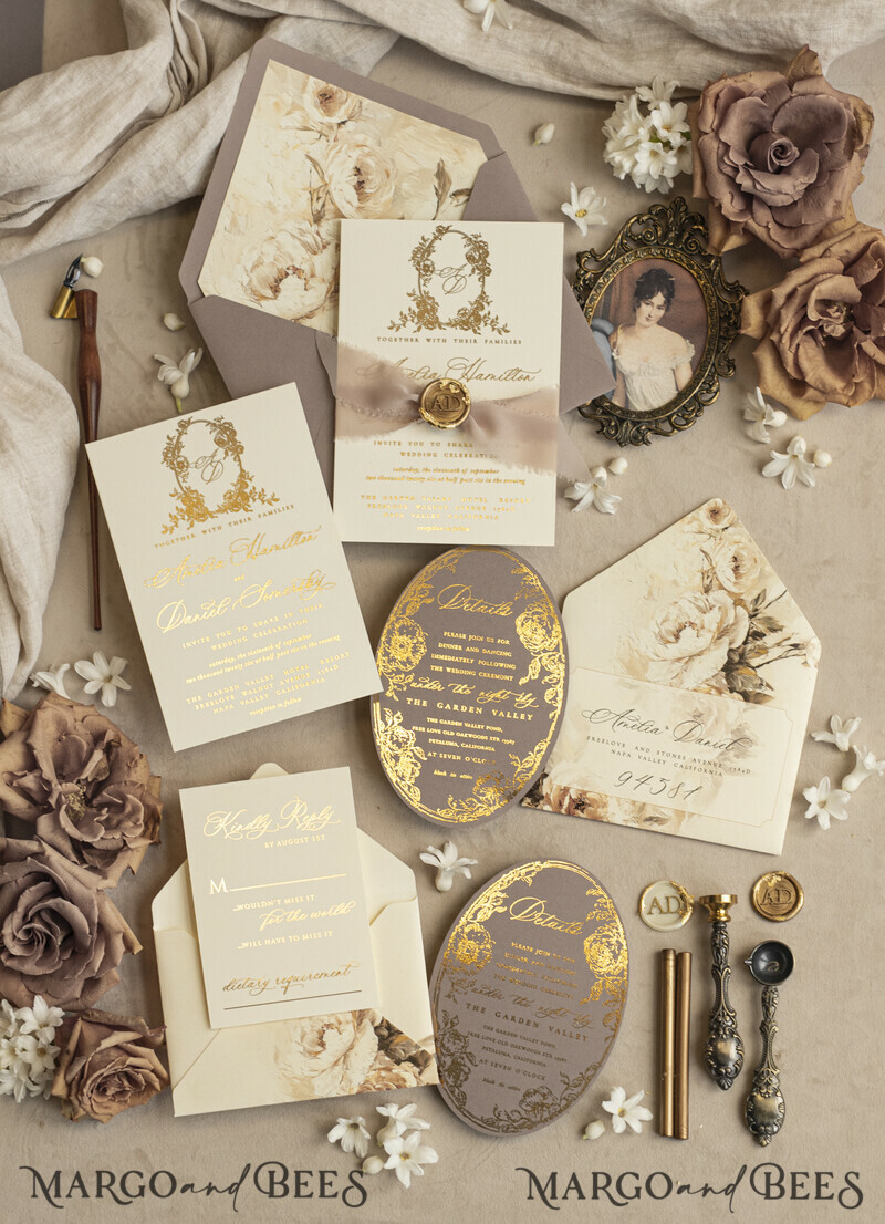 Vintage Baroque Wedding Invitation suite Beige Golden Fine art Roses Wedding Invitations with rsvp Victorian wedding crest Chinoiserie Invites Royal Ornamental frame-20