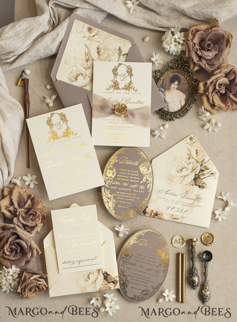 Vintage Baroque Wedding Invitation suite Beige Golden Fine art Roses Wedding Invitations with rsvp Victorian wedding crest Chinoiserie Invites Royal Ornamental frame-21