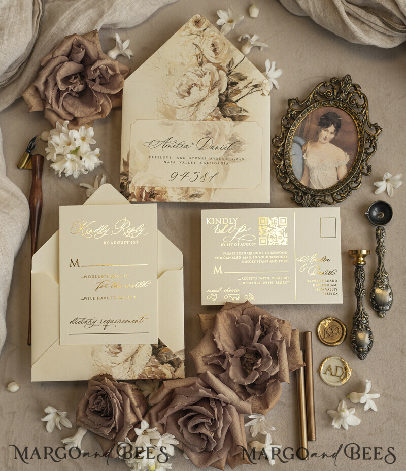 Vintage Baroque Wedding Invitation suite Beige Golden Fine art Roses Wedding Invitations with rsvp Victorian wedding crest Chinoiserie Invites Royal Ornamental frame-4