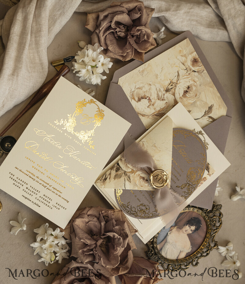 Vintage Baroque Wedding Invitation suite Beige Golden Fine art Roses Wedding Invitations with rsvp Victorian wedding crest Chinoiserie Invites Royal Ornamental frame-7