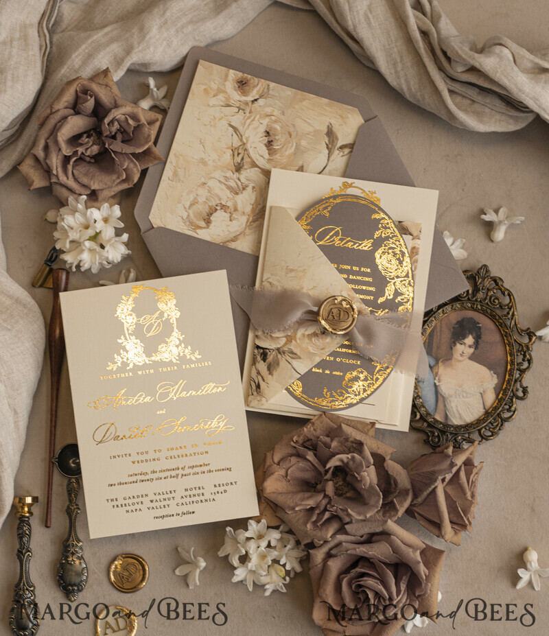 Vintage Baroque Wedding Invitation suite Beige Golden Fine art Roses Wedding Invitations with rsvp Victorian wedding crest Chinoiserie Invites Royal Ornamental frame-8