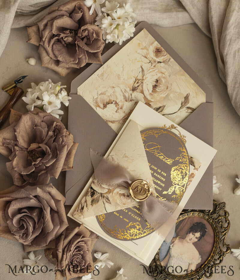 Vintage Baroque Wedding Invitation suite Beige Golden Fine art Roses Wedding Invitations with rsvp Victorian wedding crest Chinoiserie Invites Royal Ornamental frame-9