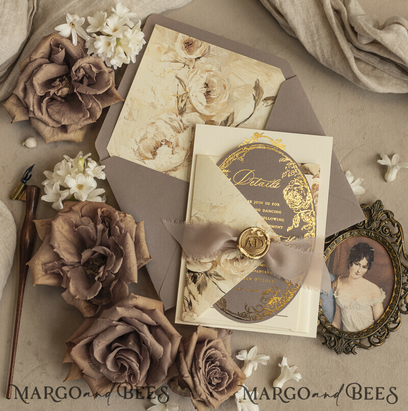 Vintage Baroque Wedding Invitation suite Beige Golden Fine art Roses Wedding Invitations with rsvp Victorian wedding crest Chinoiserie Invites Royal Ornamental frame-10