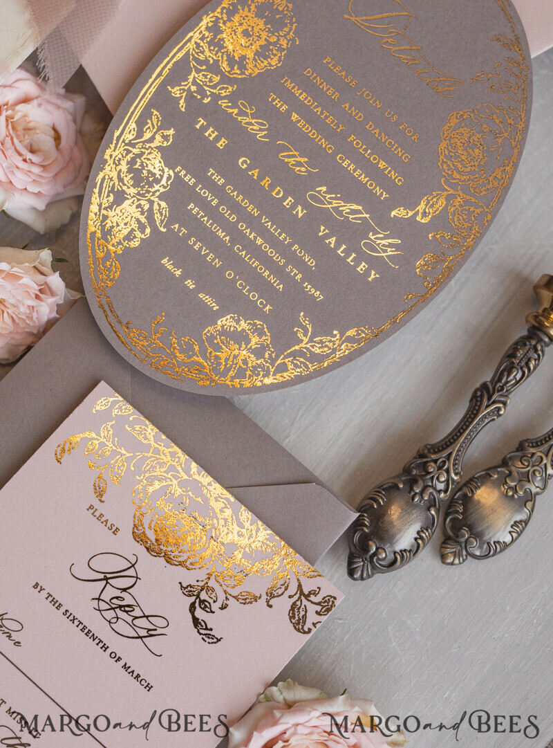 Vintage Baroque Wedding Invitation suite Beige Golden Fine art Roses Wedding Invitations with rsvp Victorian wedding crest Chinoiserie Invites Royal Ornamental frame-10