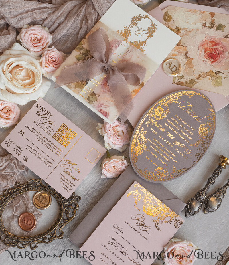 Vintage Baroque Wedding Invitation suite Beige Golden Fine art Roses Wedding Invitations with rsvp Victorian wedding crest Chinoiserie Invites Royal Ornamental frame-14