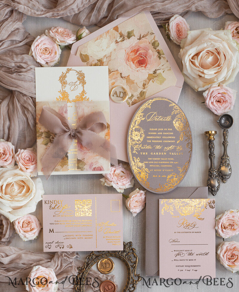 Vintage Baroque Wedding Invitation suite Beige Golden Fine art Roses Wedding Invitations with rsvp Victorian wedding crest Chinoiserie Invites Royal Ornamental frame-15