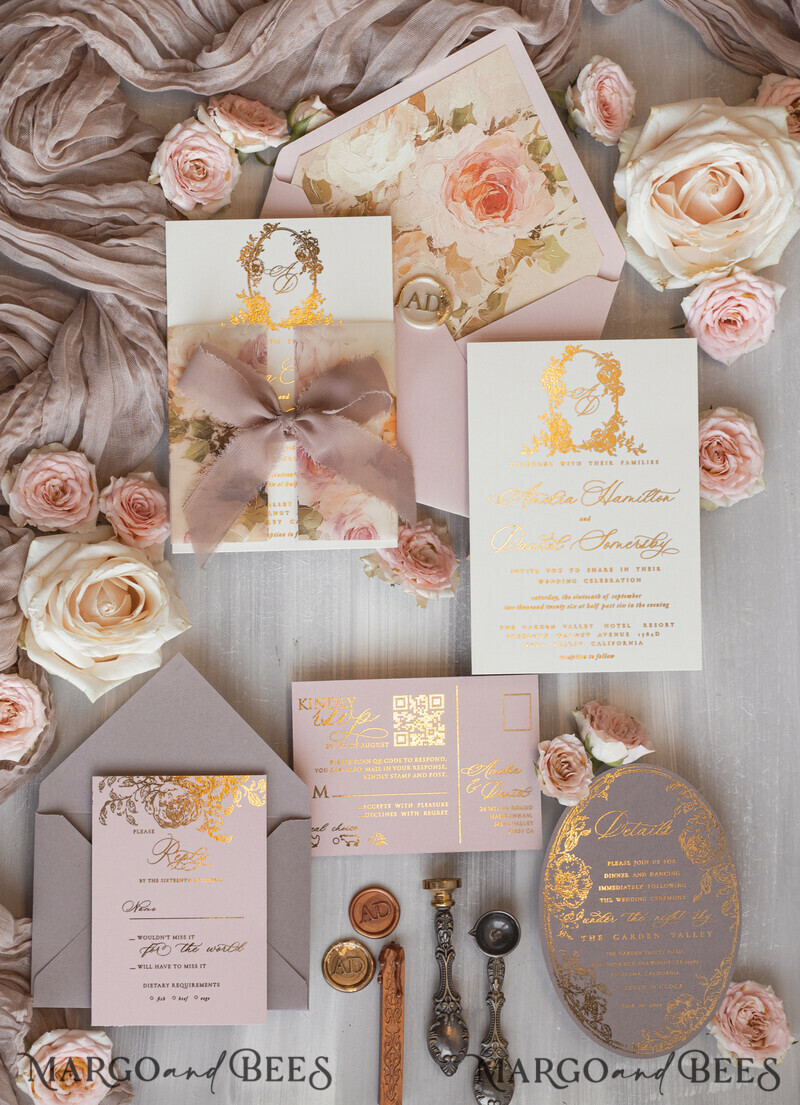 Vintage Baroque Wedding Invitation suite Beige Golden Fine art Roses Wedding Invitations with rsvp Victorian wedding crest Chinoiserie Invites Royal Ornamental frame-16