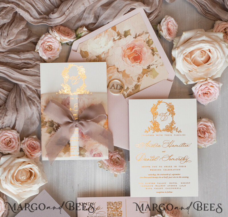 Vintage Baroque Wedding Invitation suite Beige Golden Fine art Roses Wedding Invitations with rsvp Victorian wedding crest Chinoiserie Invites Royal Ornamental frame-17