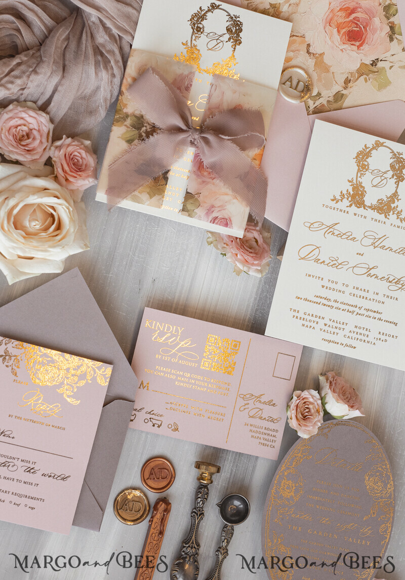 Vintage Baroque Wedding Invitation suite Beige Golden Fine art Roses Wedding Invitations with rsvp Victorian wedding crest Chinoiserie Invites Royal Ornamental frame-18