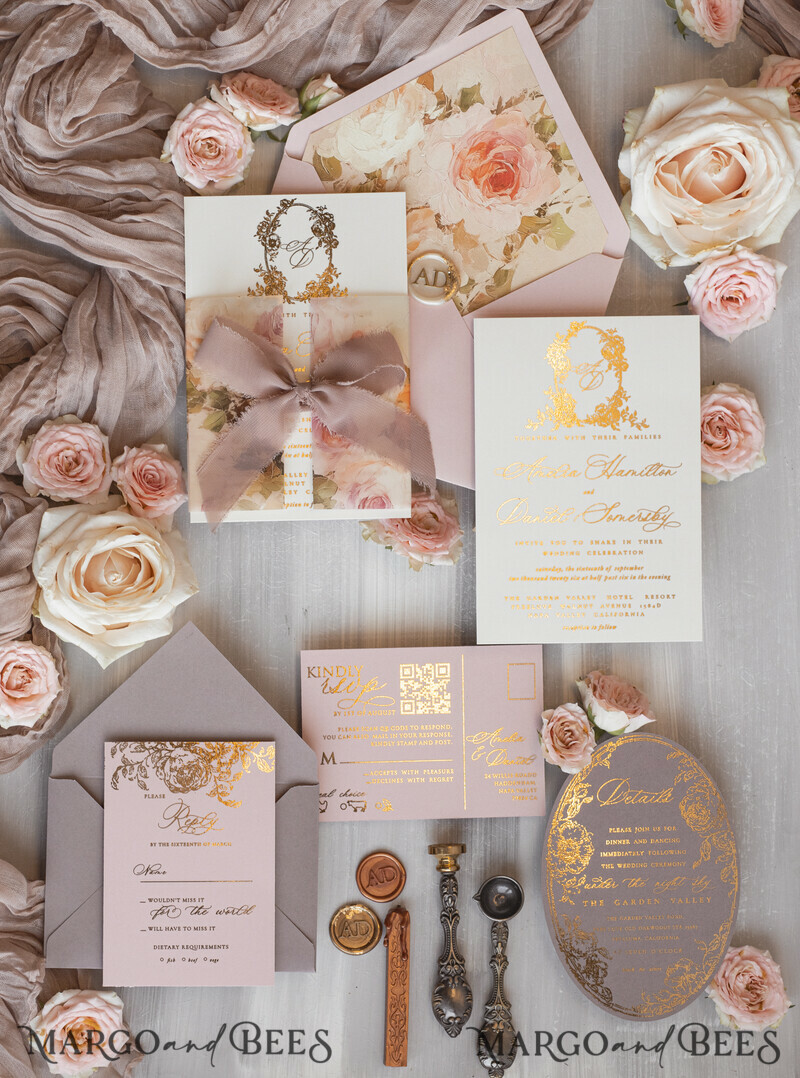 Vintage Baroque Wedding Invitation suite Beige Golden Fine art Roses Wedding Invitations with rsvp Victorian wedding crest Chinoiserie Invites Royal Ornamental frame-19