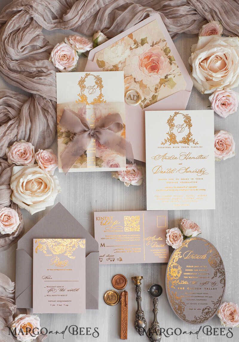 Vintage Baroque Wedding Invitation suite Beige Golden Fine art Roses Wedding Invitations with rsvp Victorian wedding crest Chinoiserie Invites Royal Ornamental frame-20