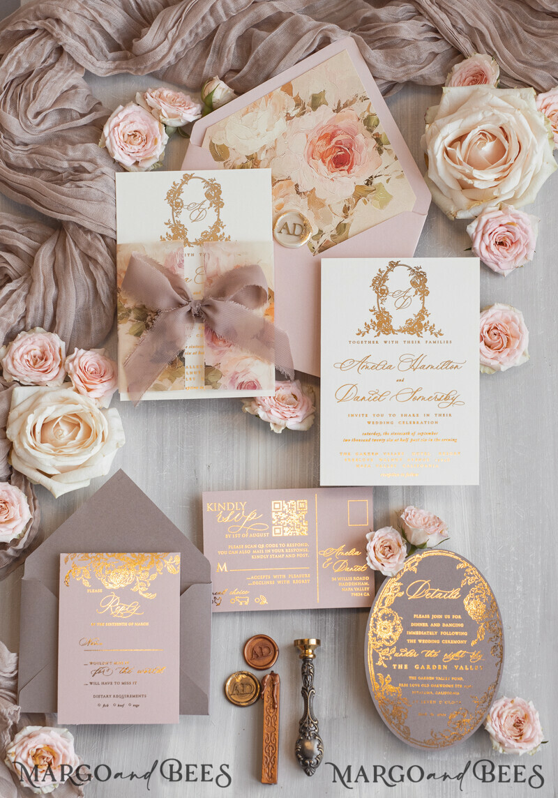 Vintage Baroque Wedding Invitation suite Beige Golden Fine art Roses Wedding Invitations with rsvp Victorian wedding crest Chinoiserie Invites Royal Ornamental frame-21