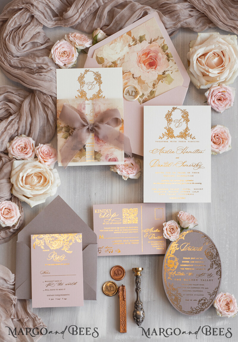 Vintage Baroque Wedding Invitation suite Beige Golden Fine art Roses Wedding Invitations with rsvp Victorian wedding crest Chinoiserie Invites Royal Ornamental frame-22