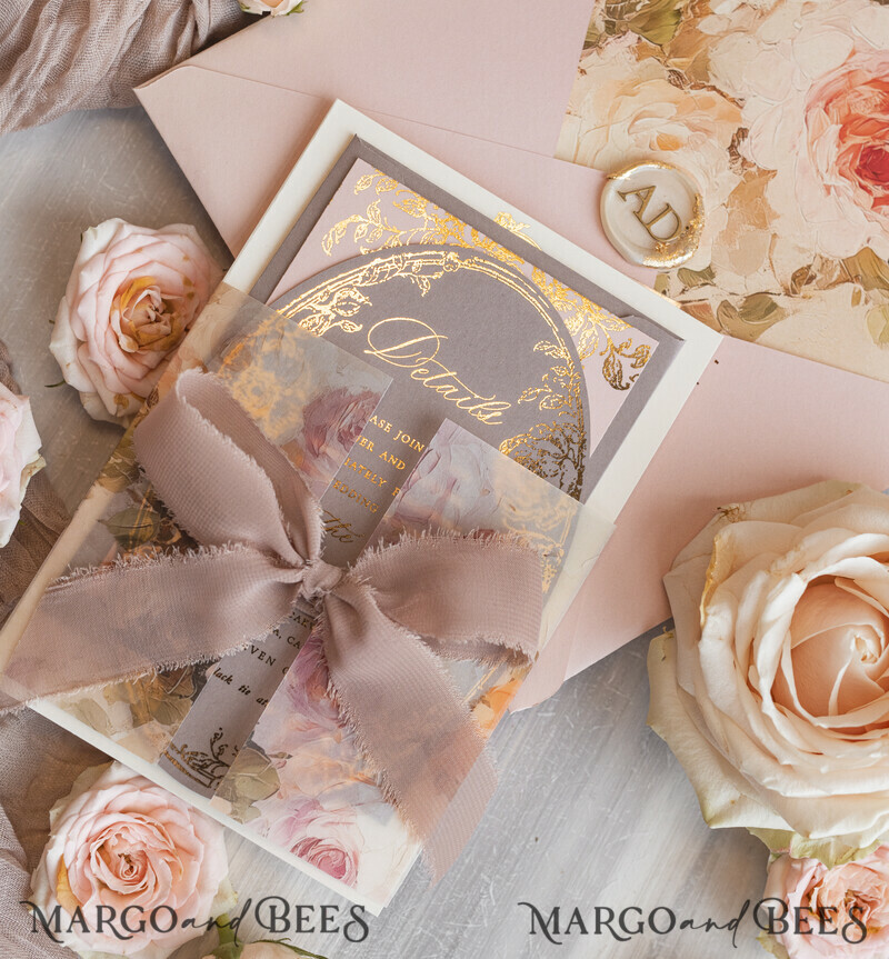 Vintage Baroque Wedding Invitation suite Beige Golden Fine art Roses Wedding Invitations with rsvp Victorian wedding crest Chinoiserie Invites Royal Ornamental frame-4