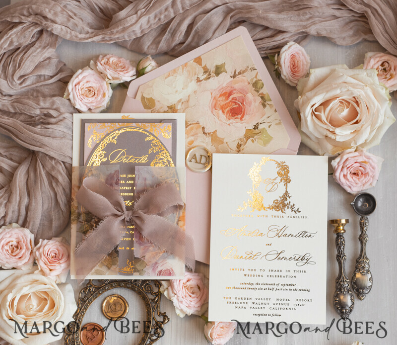 Vintage Baroque Wedding Invitation suite Beige Golden Fine art Roses Wedding Invitations with rsvp Victorian wedding crest Chinoiserie Invites Royal Ornamental frame-6