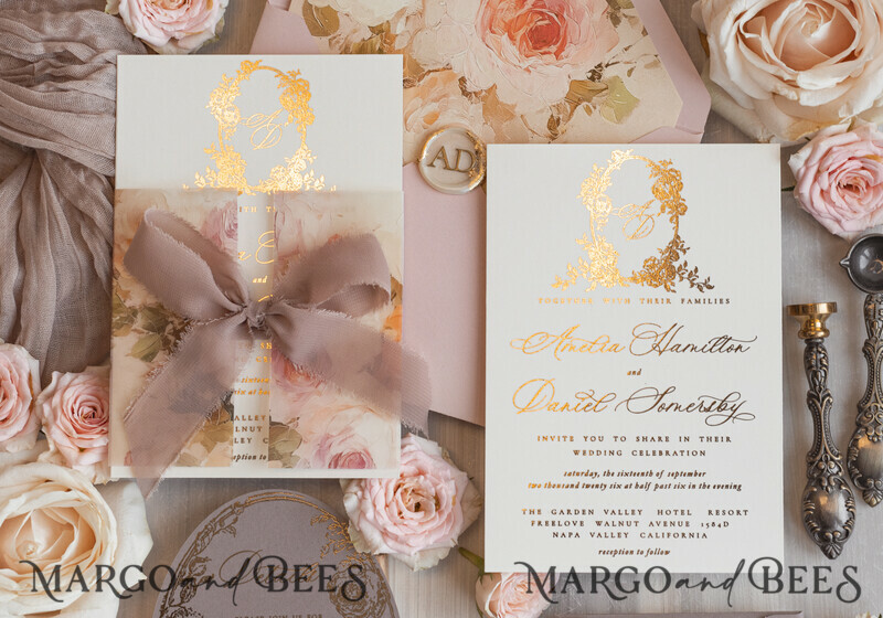 Vintage Baroque Wedding Invitation suite Beige Golden Fine art Roses Wedding Invitations with rsvp Victorian wedding crest Chinoiserie Invites Royal Ornamental frame-7