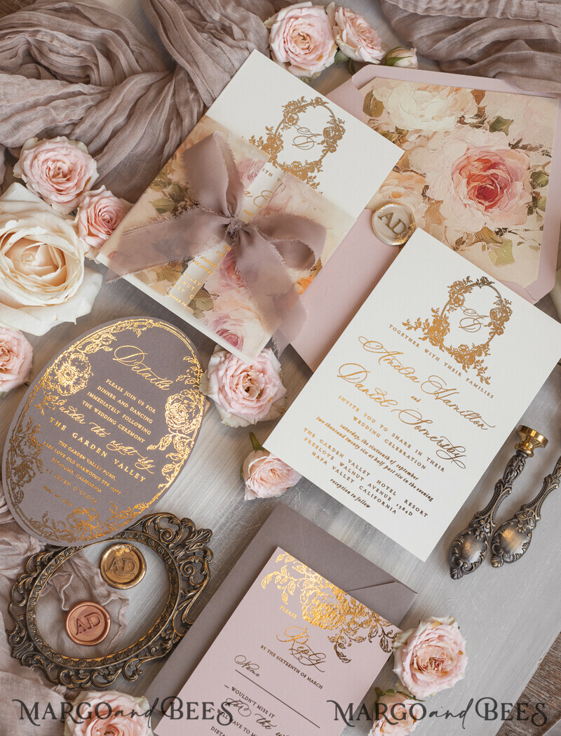 Vintage Baroque Wedding Invitation suite Beige Golden Fine art Roses Wedding Invitations with rsvp Victorian wedding crest Chinoiserie Invites Royal Ornamental frame-8