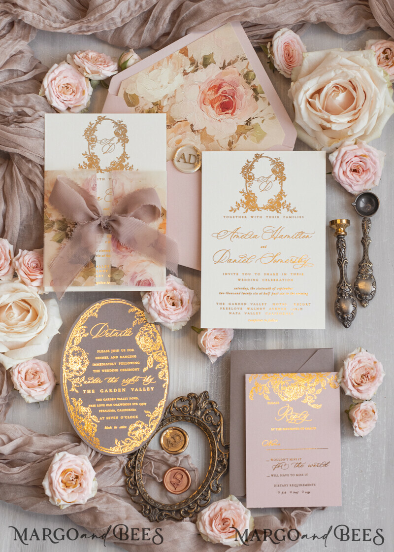 Vintage Baroque Wedding Invitation suite Beige Golden Fine art Roses Wedding Invitations with rsvp Victorian wedding crest Chinoiserie Invites Royal Ornamental frame-9