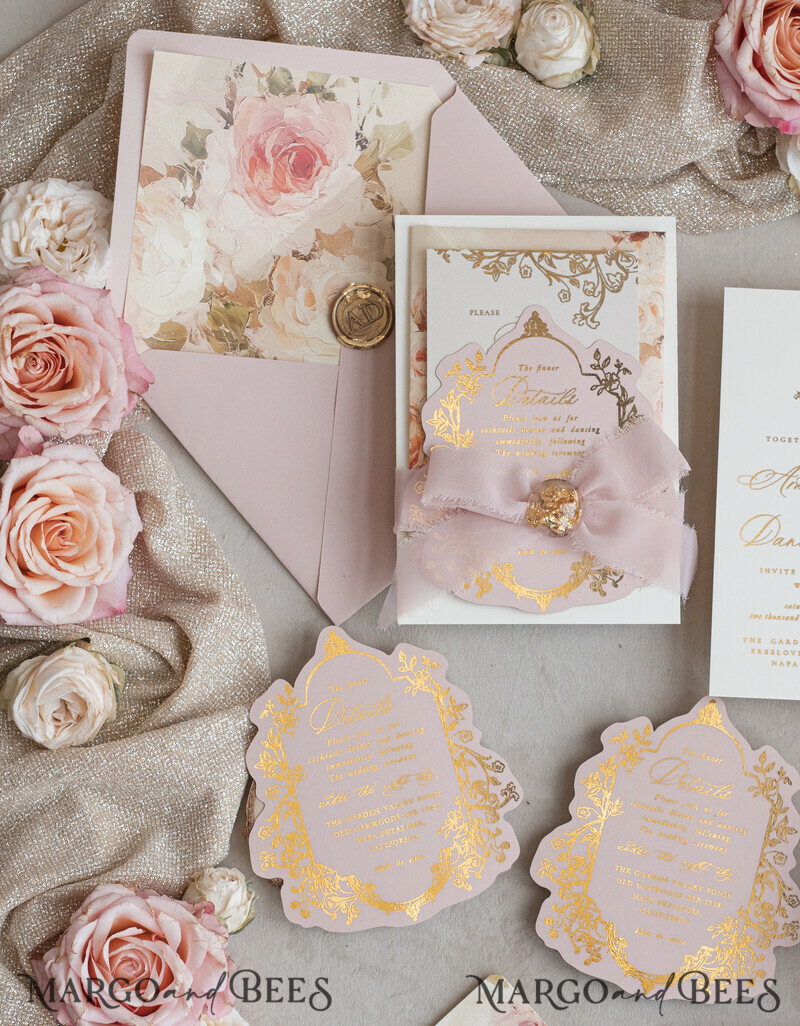 Vintage Baroque Wedding Invitation suite Beige Golden Fine art Roses Wedding Invitations with rsvp Victorian wedding crest Chinoiserie Invites Royal Ornamental frame-13