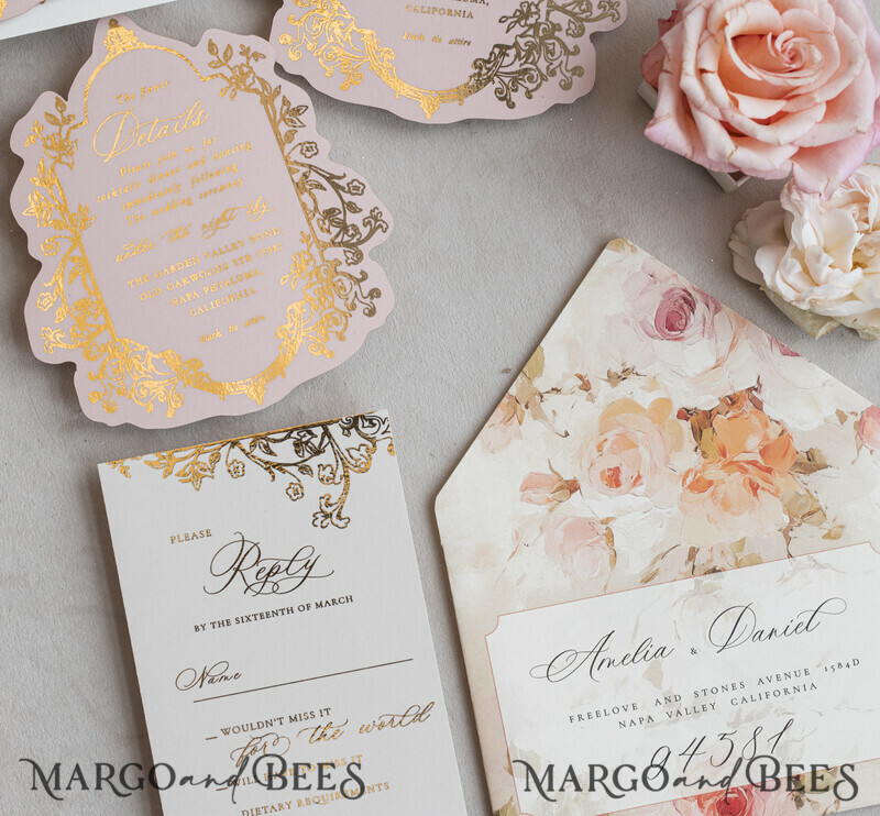 Vintage Baroque Wedding Invitation suite Beige Golden Fine art Roses Wedding Invitations with rsvp Victorian wedding crest Chinoiserie Invites Royal Ornamental frame-15