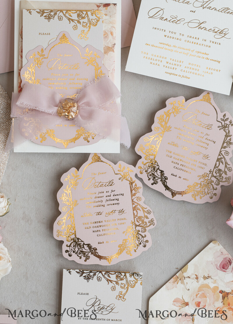 Vintage Baroque Wedding Invitation suite Beige Golden Fine art Roses Wedding Invitations with rsvp Victorian wedding crest Chinoiserie Invites Royal Ornamental frame-16