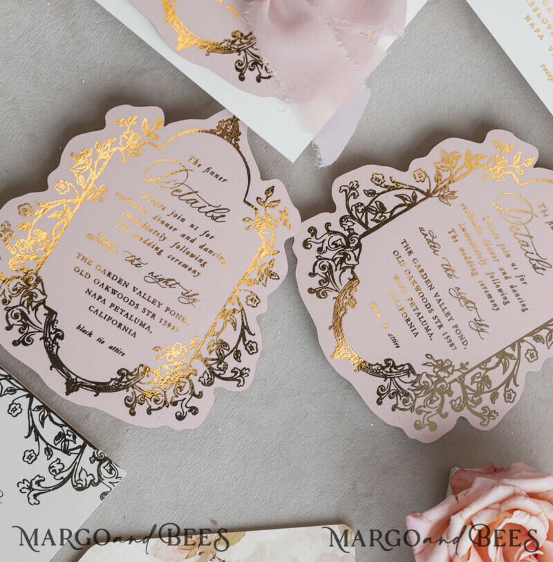 Vintage Baroque Wedding Invitation suite Beige Golden Fine art Roses Wedding Invitations with rsvp Victorian wedding crest Chinoiserie Invites Royal Ornamental frame-17