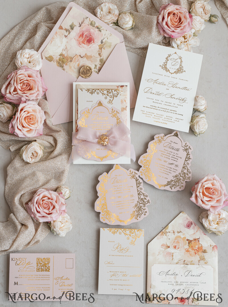 Vintage Baroque Wedding Invitation suite Beige Golden Fine art Roses Wedding Invitations with rsvp Victorian wedding crest Chinoiserie Invites Royal Ornamental frame-0