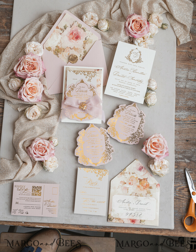 Vintage Baroque Wedding Invitation suite Beige Golden Fine art Roses Wedding Invitations with rsvp Victorian wedding crest Chinoiserie Invites Royal Ornamental frame-20