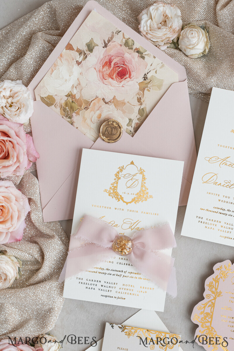 Vintage Baroque Wedding Invitation suite Beige Golden Fine art Roses Wedding Invitations with rsvp Victorian wedding crest Chinoiserie Invites Royal Ornamental frame-24