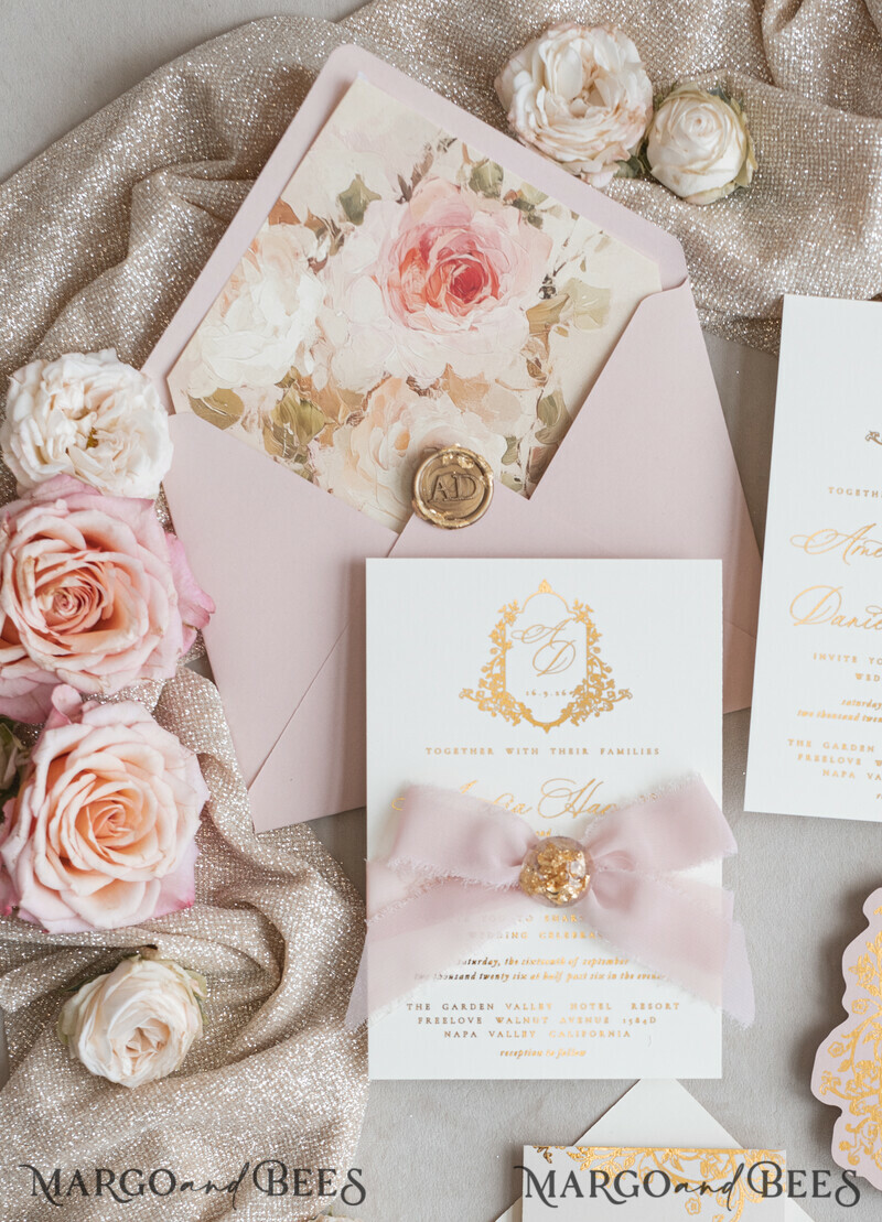 Vintage Baroque Wedding Invitation suite Beige Golden Fine art Roses Wedding Invitations with rsvp Victorian wedding crest Chinoiserie Invites Royal Ornamental frame-25