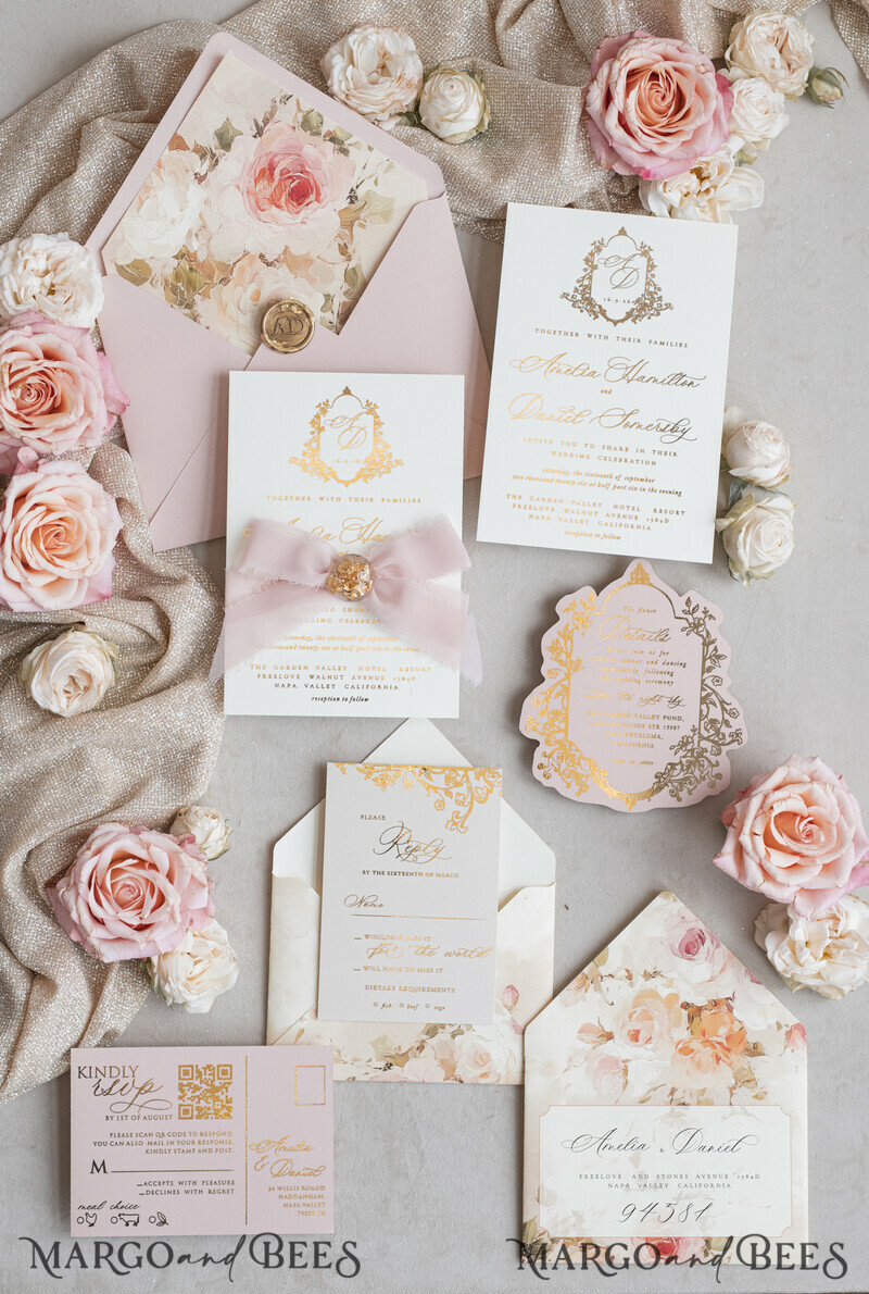 Vintage Baroque Wedding Invitation suite Beige Golden Fine art Roses Wedding Invitations with rsvp Victorian wedding crest Chinoiserie Invites Royal Ornamental frame-26