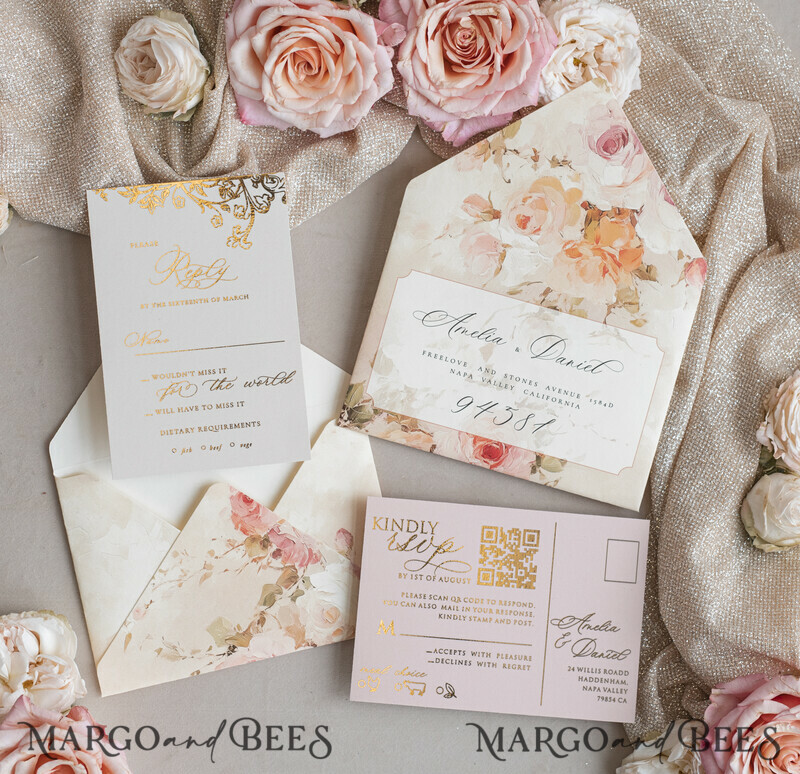 Vintage Baroque Wedding Invitation suite Beige Golden Fine art Roses Wedding Invitations with rsvp Victorian wedding crest Chinoiserie Invites Royal Ornamental frame-5